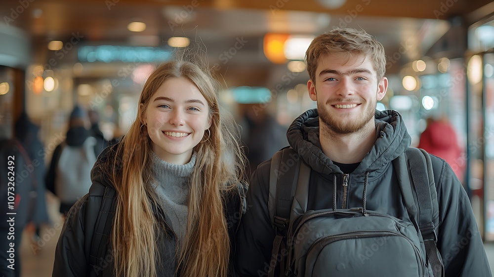 Young friends smile together while exploring a busy city street filled with activity Young friends smile together while exploring a busy city street filled with activity