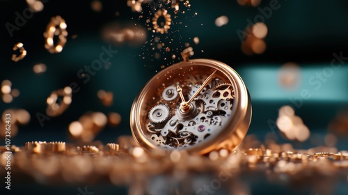 A detailed copper watch accented by dynamic floating gears, symbolizing motion and complexity, presenting an elegant display of engineering excellence. photo