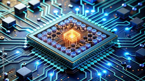 A nanotechnology interface showing a 3D model of a nanochip, with circuits and intricate patterns of molecules zooming in and out photo