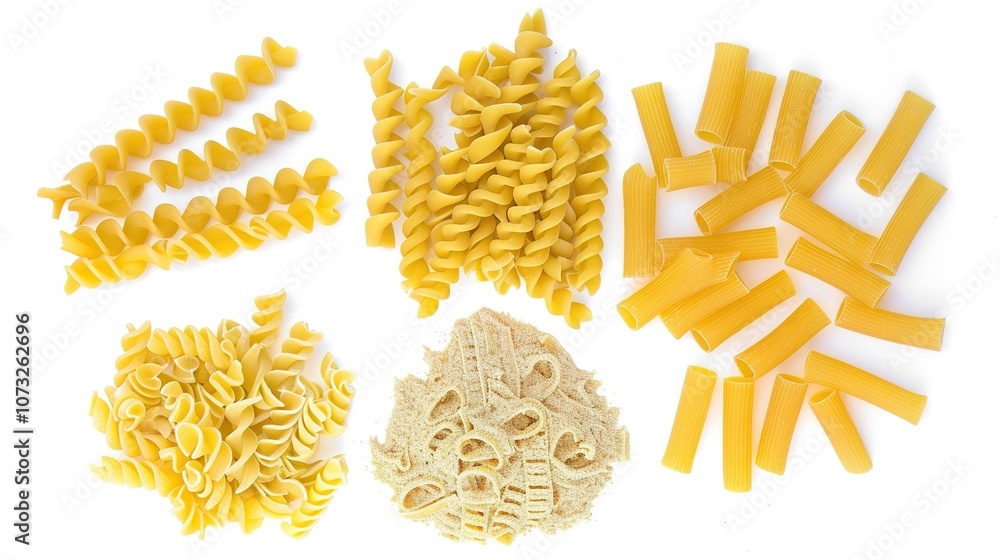 Obraz premium Italian Raw Pasta Ingredients on White Background - a delicious and inviting visual. The Italian raw pasta ingredients on the white background create a simple yet appetizing look. It gives the impress