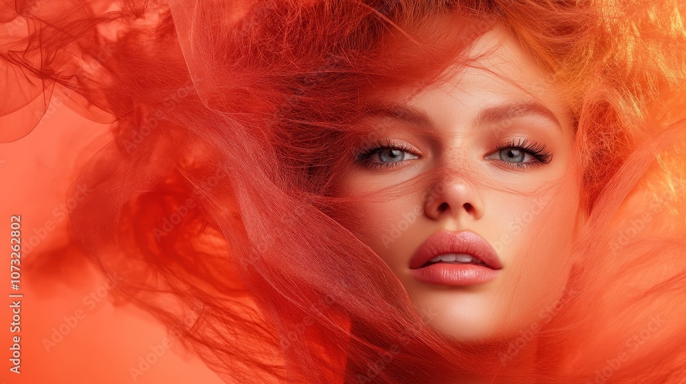 A close-up portrait of a woman with vivid red hair and swirling red fabric surrounding her, conveying vibrancy, elegance, and allure in a mesmerizing image. A close-up portrait of a woman with vivid red hair and swirling red fabric surrounding her, conveying vibrancy, elegance, and allure in a mesmerizing image.