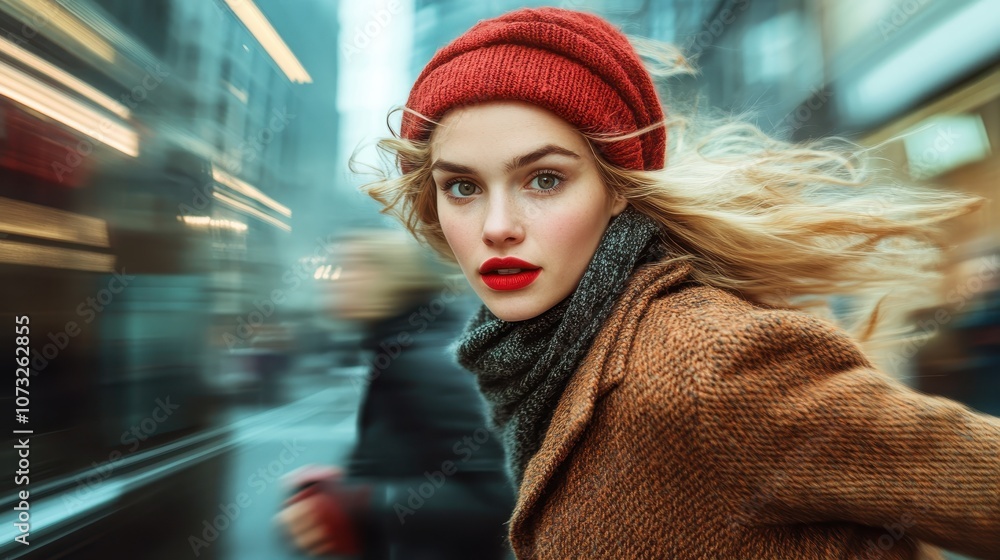 A woman in a red hat and coat glides elegantly through a city scene, with her hair cascading around her, embodying confidence, fashion, and urban life. A woman in a red hat and coat glides elegantly through a city scene, with her hair cascading around her, embodying confidence, fashion, and urban life.