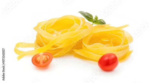 Italian Raw Pasta Ingredients on White Background - a delicious and inviting visual. The Italian raw pasta ingredients on the white background create a simple yet appetizing look. It gives the impress photo