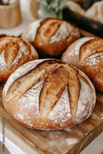 Freshly Baked Sourdough Bread Loaves, Dusted With Flour, Resting on a Rustic Wooden Table