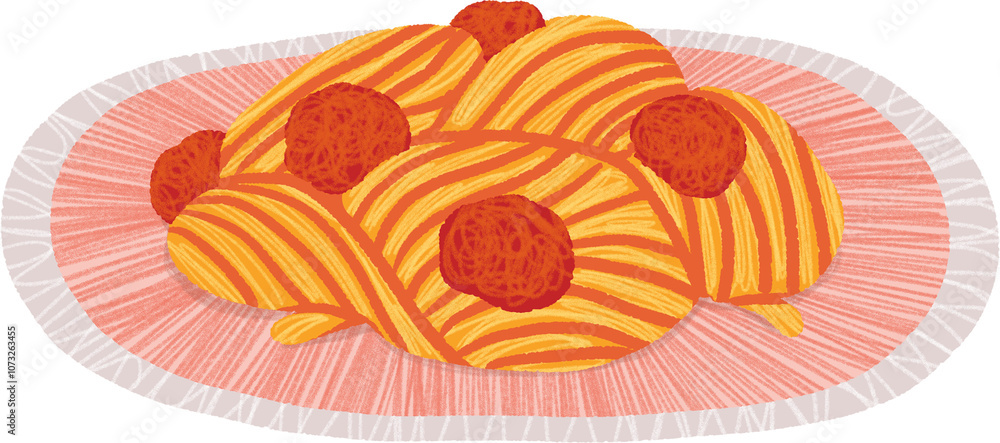 Hand-drawn Pasta with Meatballs in Pink Round Plate Hand-drawn Pasta with Meatballs in Pink Round Plate