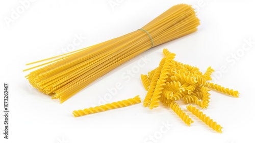 Italian Raw Pasta Ingredients on White Background - a delicious and inviting visual. The Italian raw pasta ingredients on the white background create a simple yet appetizing look. It gives the impress photo