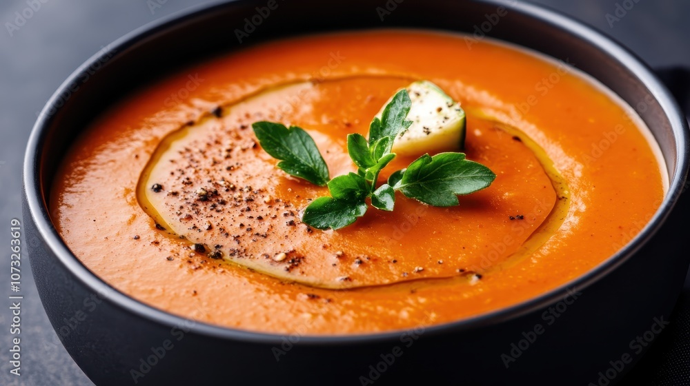 A delicious bowl of creamy tomato soup, beautifully garnished with fresh herbs and a drizzle of olive oil, offers a sumptuous, mouth-watering visual appeal. A delicious bowl of creamy tomato soup, beautifully garnished with fresh herbs and a drizzle of olive oil, offers a sumptuous, mouth-watering visual appeal.