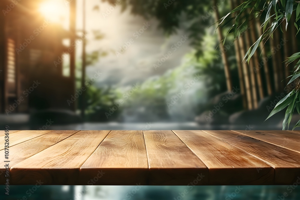 Polished Natural Wood Table Displayed in a Tranquil Outdoor Setting Surrounded by Bamboo and Soft Natural Light for Rustic Decor and Photography Polished Natural Wood Table Displayed in a Tranquil Outdoor Setting Surrounded by Bamboo and Soft Natural Light for Rustic Decor and Photography
