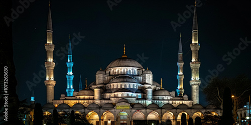 Illuminated mosque with minarets at night.