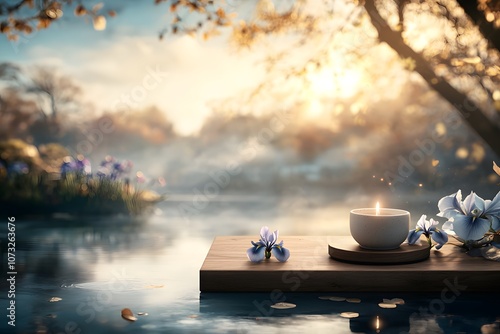 Wallpaper Mural Elegant polished walnut wood table placed against a serene blurred background, evoking a tranquil atmosphere with a candle and flowers beside the water. Torontodigital.ca