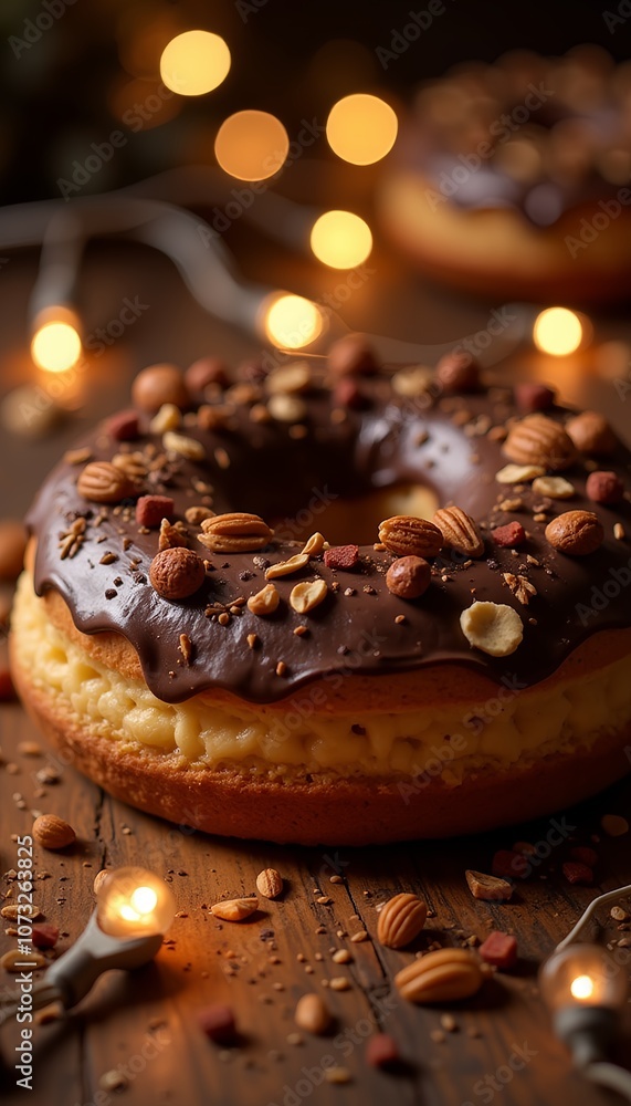Papanasi-Delicious chocolate donut topped with nuts and sprinkles on a wooden table with festive lights Papanasi-Delicious chocolate donut topped with nuts and sprinkles on a wooden table with festive lights