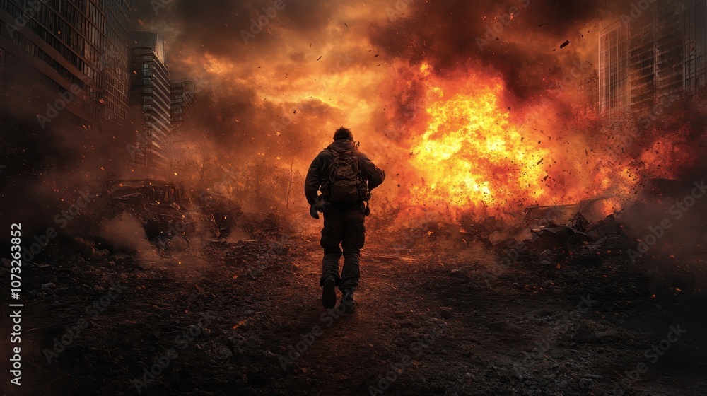 A man runs through a devastated cityscape, with flames and destruction all around, suggesting themes of survival and chaos in a modern disaster. A man runs through a devastated cityscape, with flames and destruction all around, suggesting themes of survival and chaos in a modern disaster.