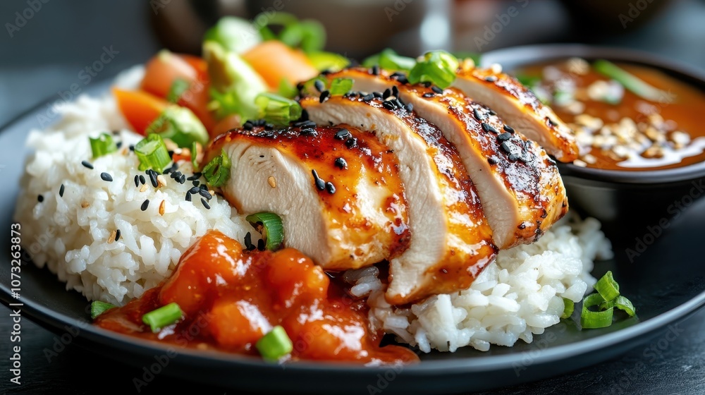 A delectable serving of grilled chicken placed on seasoned rice, surrounded by fresh vegetables, garnished with black sesame seeds and served with a dipping sauce. A delectable serving of grilled chicken placed on seasoned rice, surrounded by fresh vegetables, garnished with black sesame seeds and served with a dipping sauce.