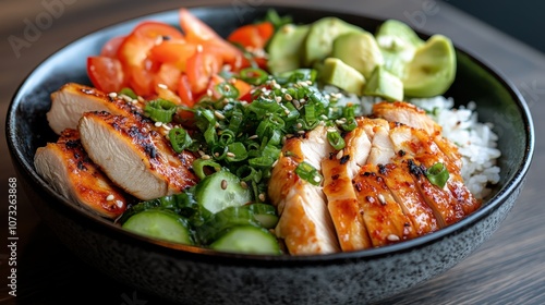 The image depicts a vibrant rice bowl filled with perfectly grilled chicken, fresh tomatoes, sliced cucumbers, and creamy avocados, garnished with sesame seeds.