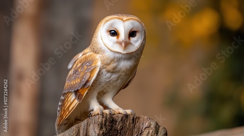 A charming barn owl perches gracefully on a branch, highlighted by a golden, blurred background, showcasing the bird's elegant beauty and calm presence. photo