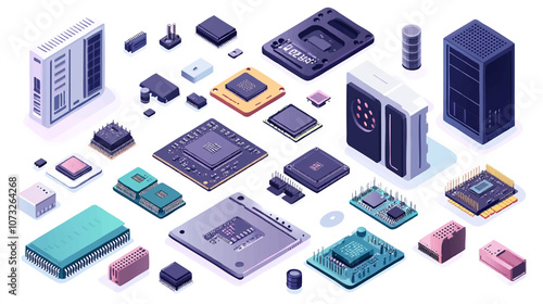 Set abstract AI chip hologram on circuit board tech. Artificial Intelligence isometric 3D logo with neon growing light lines. Vector illustration. CPU processor or semiconductor design.
