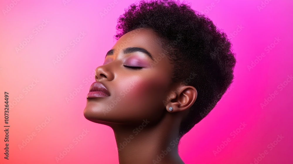 A woman with short curly hair and glowing makeup poses gracefully with her eyes closed against a vibrant pink background, evoking feelings of serenity and elegance. A woman with short curly hair and glowing makeup poses gracefully with her eyes closed against a vibrant pink background, evoking feelings of serenity and elegance.