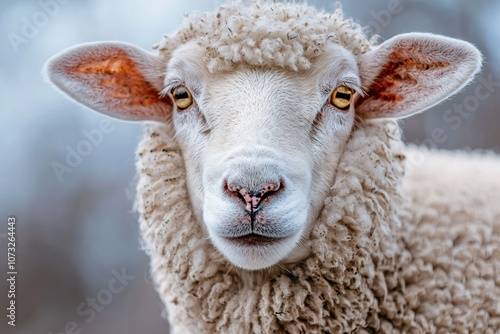 A fluffy sheep gazes directly at the viewer in a serene rural pasture. The soft morning light highlights its wool and gentle features, creating a peaceful atmosphere photo