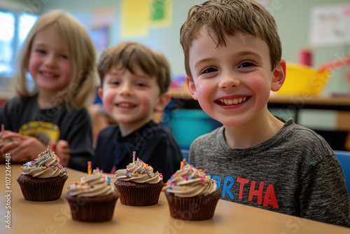 Three children beam joyfully as they sit at a classroom table adorned with colorful cupcakes, celebrating a special birthday occasion together