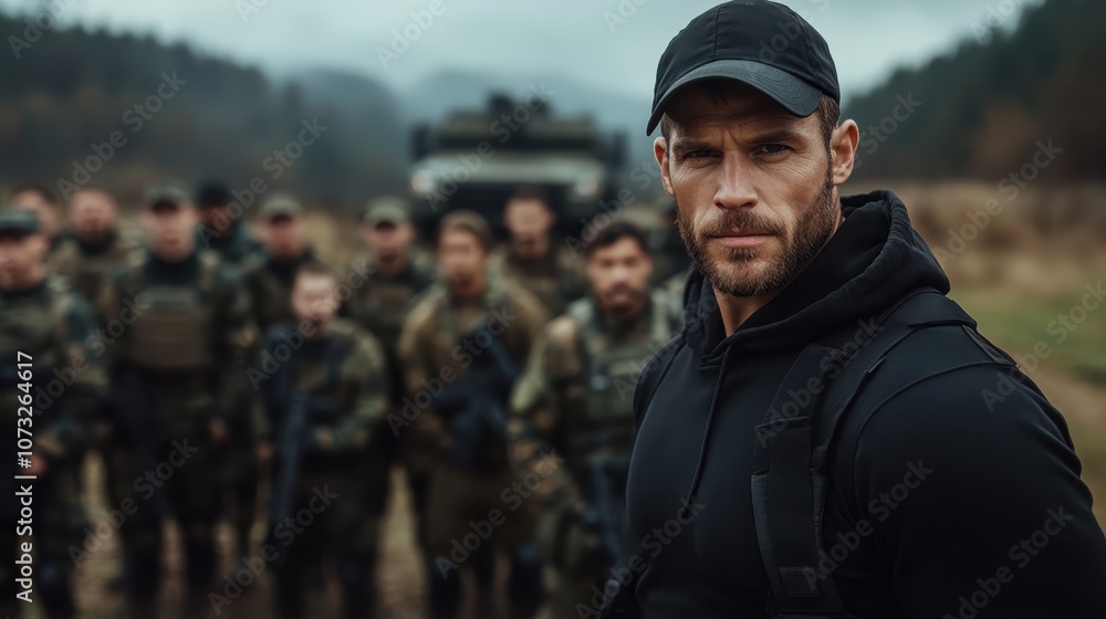 A rugged military leader stands resolutely in the foreground, flanked by his armed team. They're ready for action amidst a dense, misty forest landscape. A rugged military leader stands resolutely in the foreground, flanked by his armed team. They're ready for action amidst a dense, misty forest landscape.