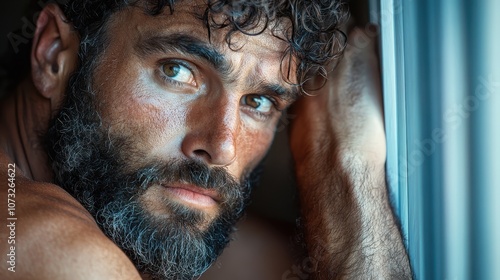 A man with curly hair and a reflective look leans by a bright window, lost in thought. The soft lighting adds a sense of contemplation and calm introspection. photo