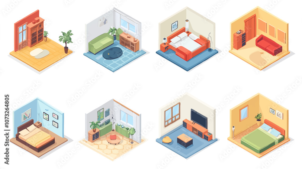 Vector isometric home rooms set. Rooms cross sections. Bedroom, living room, kitchen, home office, dining room. Furniture and decoration. Modern and classic interior flat designs. Vector isometric home rooms set. Rooms cross sections. Bedroom, living room, kitchen, home office, dining room. Furniture and decoration. Modern and classic interior flat designs.