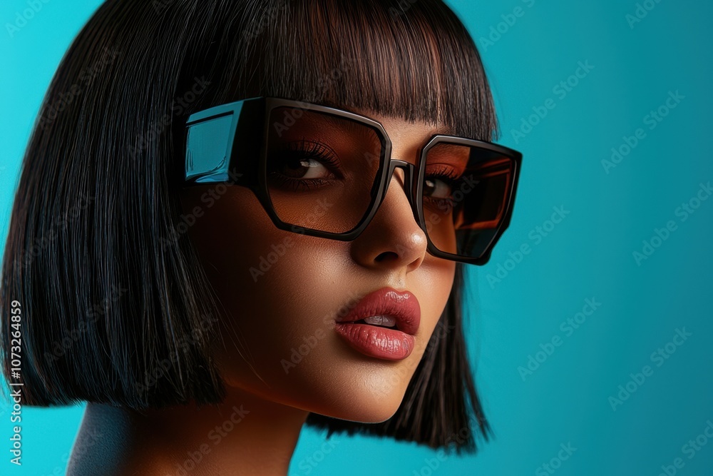 A young woman with a sleek bob haircut confidently poses in oversized sunglasses against a striking blue backdrop, exuding fashion and charisma