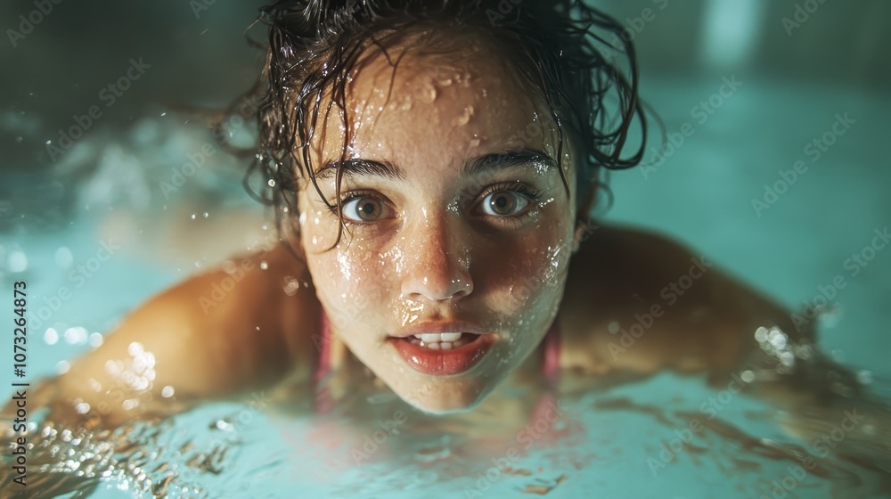 A woman's face is close-up as she swims with her eyes wide open, adorned in water droplets, emerging above the water surface in a swimming pool setting. A woman's face is close-up as she swims with her eyes wide open, adorned in water droplets, emerging above the water surface in a swimming pool setting.