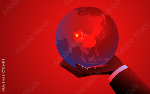 Businessmans hand holding a red globe with the map of China, symbolizing international business, trade, global markets, global influence, economics, or Chinese business ventures photo