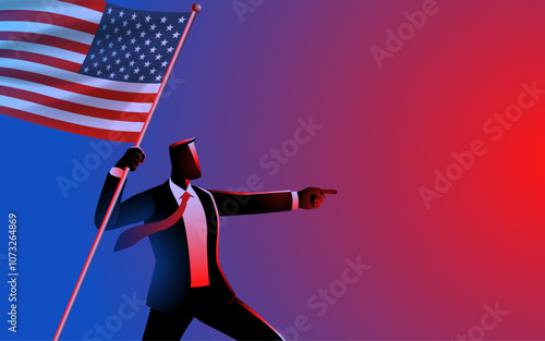 Businessman proudly holding the American flag and pointing forward, symbolizing leadership, patriotism, and ambition. Ideal for themes of American business success and visionary leadership