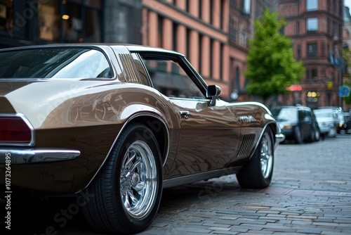 A vintage car gleams under the soft evening light, parked beside charming brick buildings on a picturesque cobblestone street