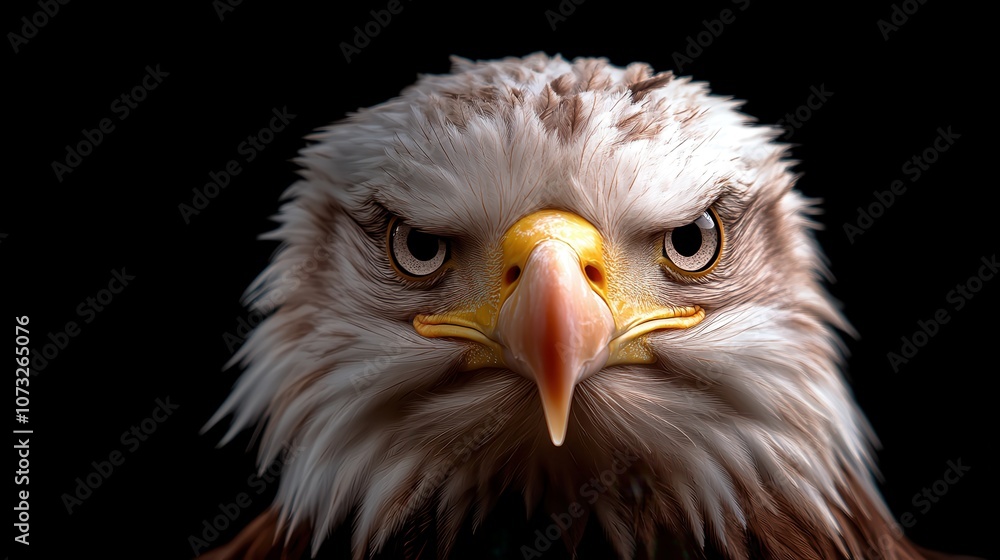 A frontal shot of an eagle with a fierce, intense gaze. The feathers are strikingly detailed, and the bird exudes power and authority in the dark setting. A frontal shot of an eagle with a fierce, intense gaze. The feathers are strikingly detailed, and the bird exudes power and authority in the dark setting.