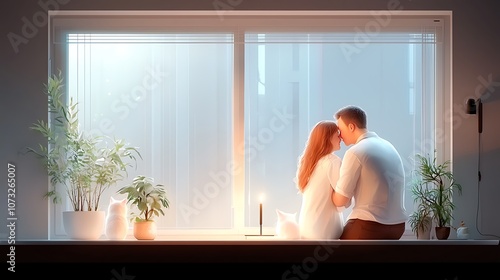 Couple enjoys intimate moment while surrounded by cats in a serene home environment