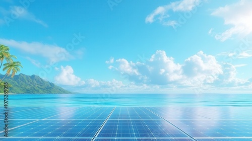 A serene coastal landscape featuring solar panels with a clear blue sky and tranquil ocean waters in the background.