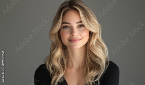 A blonde woman with long hair is smiling for the camera