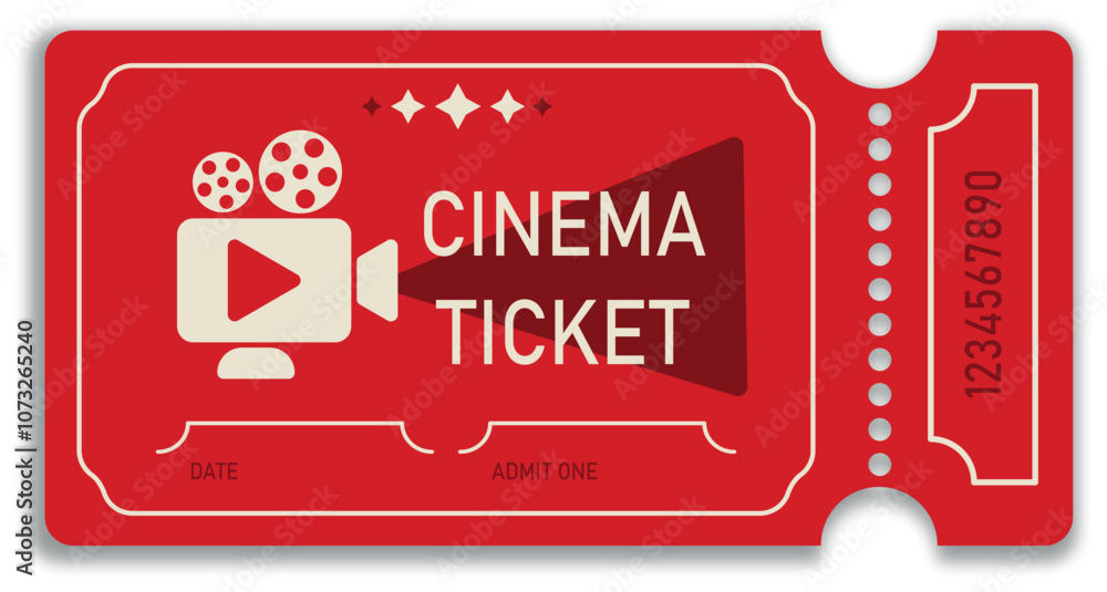 Naklejka premium Flat vector illustration of cinema ticket. Retro style movie ticket. Printable ticket.
