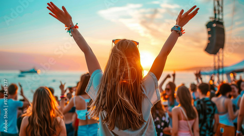 Happy festival-goers dance and cheer at sunset on the beach, soaking in the beautiful atmosphere and enjoying the lively music together