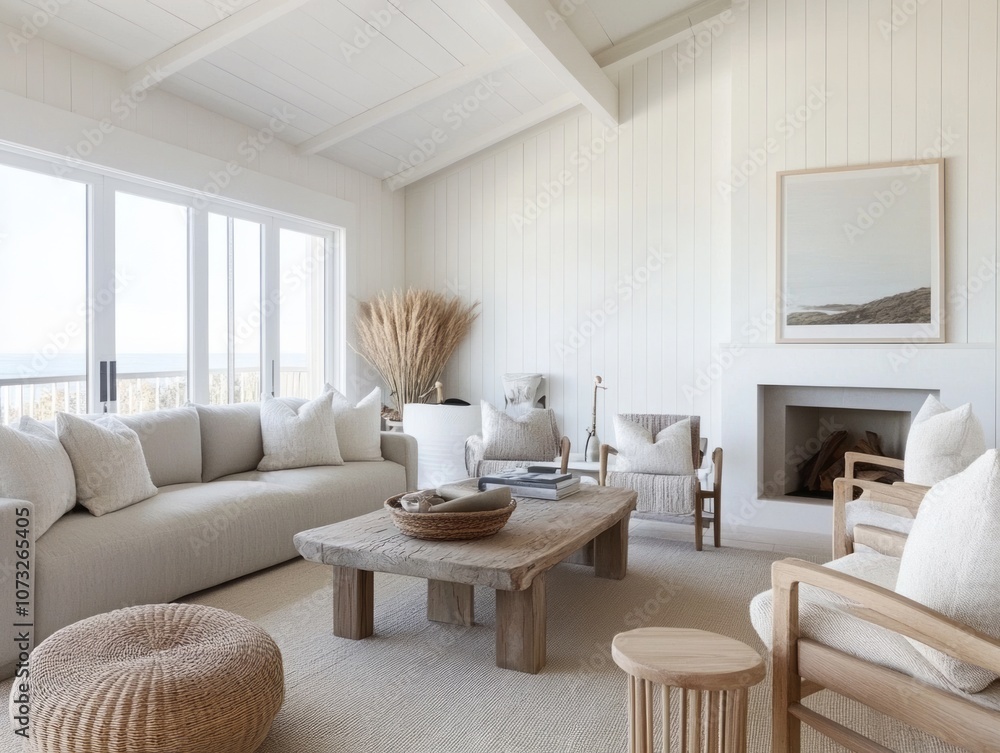 Coastal Living Room with White Walls, Wooden Accents, and Ocean View Coastal Living Room with White Walls, Wooden Accents, and Ocean View