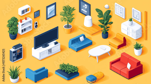 Vector isometric home rooms set. Rooms cross sections. Bedroom, living room, kitchen, home office, dining room. Furniture and decoration. Modern and classic interior flat designs.