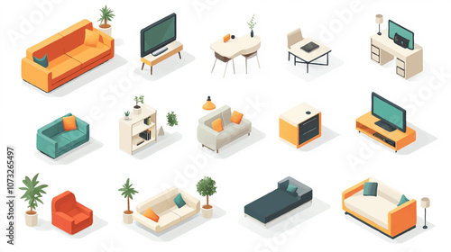 Vector isometric home rooms set. Rooms cross sections. Bedroom, living room, kitchen, home office, dining room. Furniture and decoration. Modern and classic interior flat designs.