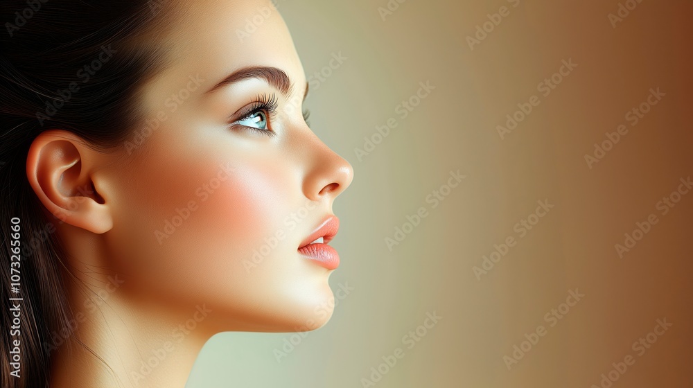 Woman with elegant profile gazes thoughtfully against a soft background, cosmetics advertisement, image for skincare advertising, copy space for text, Woman with elegant profile gazes thoughtfully against a soft background, cosmetics advertisement, image for skincare advertising, copy space for text,