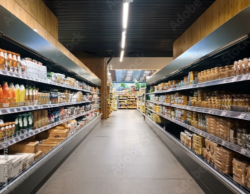 Well-organized supermarket aisle with various products on shelves