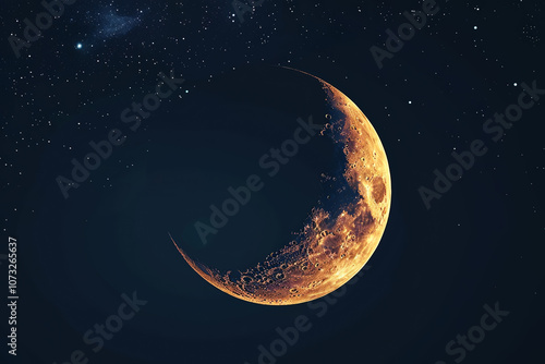 The crescent moon illuminates the night sky, surrounded by a sea of stars. Its golden hue adds a magical quality, enhancing the peacefulness of the evening