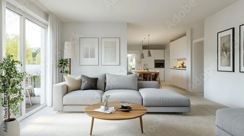 Modern Living Room with Grey Sectional Sofa and Wooden Coffee Table