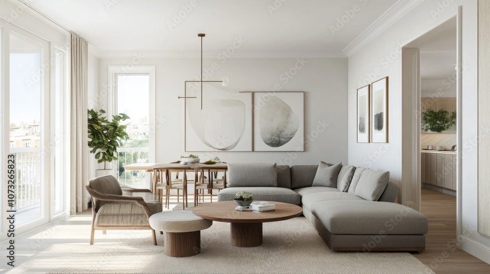 Modern Living Room with Grey Sectional Sofa, Wooden Coffee Table, and Abstract Art Modern Living Room with Grey Sectional Sofa, Wooden Coffee Table, and Abstract Art
