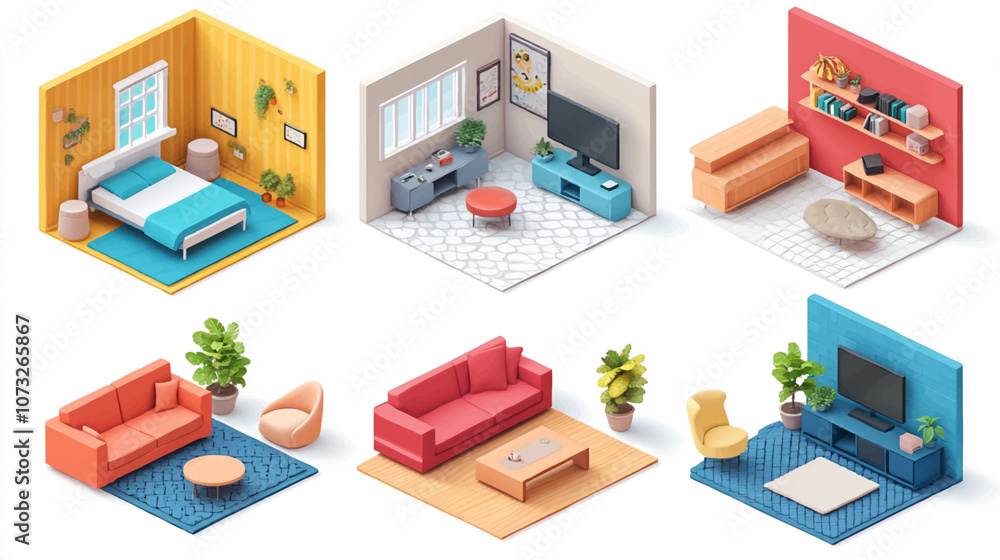 Vector isometric home rooms set. Rooms cross sections. Bedroom, living room, kitchen, home office, dining room. Furniture and decoration. Modern and classic interior flat designs. Vector isometric home rooms set. Rooms cross sections. Bedroom, living room, kitchen, home office, dining room. Furniture and decoration. Modern and classic interior flat designs.