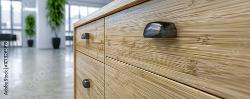 Modern bamboo drawer close-up in a bright office interior showcasing minimalist design and natural materials for a contemporary workspace atmosphere photo