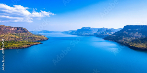 Pristine blue lake surrounded by rugged mountains under a vibrant blue sky