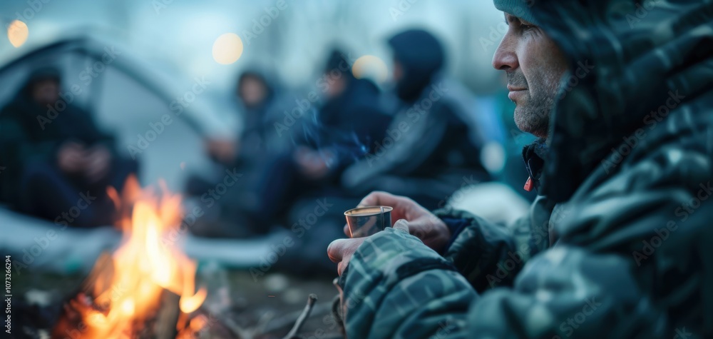 A homeless man sits by a fire, holding a cup, amidst a group of people in the background, conveying themes of survival and resilience. A homeless man sits by a fire, holding a cup, amidst a group of people in the background, conveying themes of survival and resilience.