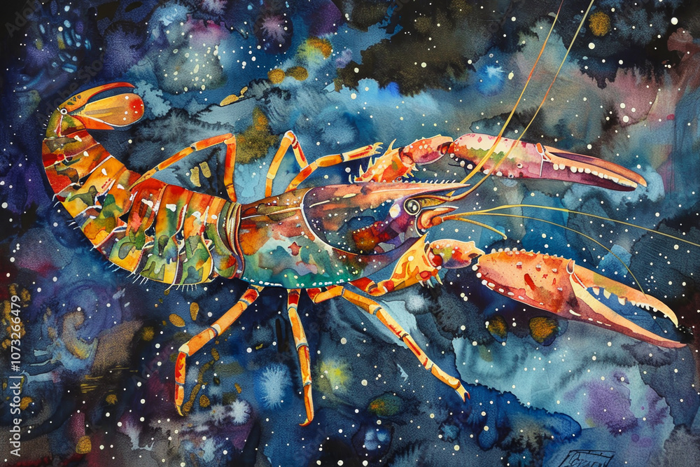 A vibrant lobster is depicted in a cosmic background, showcasing brilliant colors and intricate patterns that blend with the starry night A vibrant lobster is depicted in a cosmic background, showcasing brilliant colors and intricate patterns that blend with the starry night